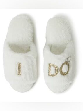 Dearfoams "I Do" Faux-Fur Bridal Womens Slide Slippers Size L Wedding New